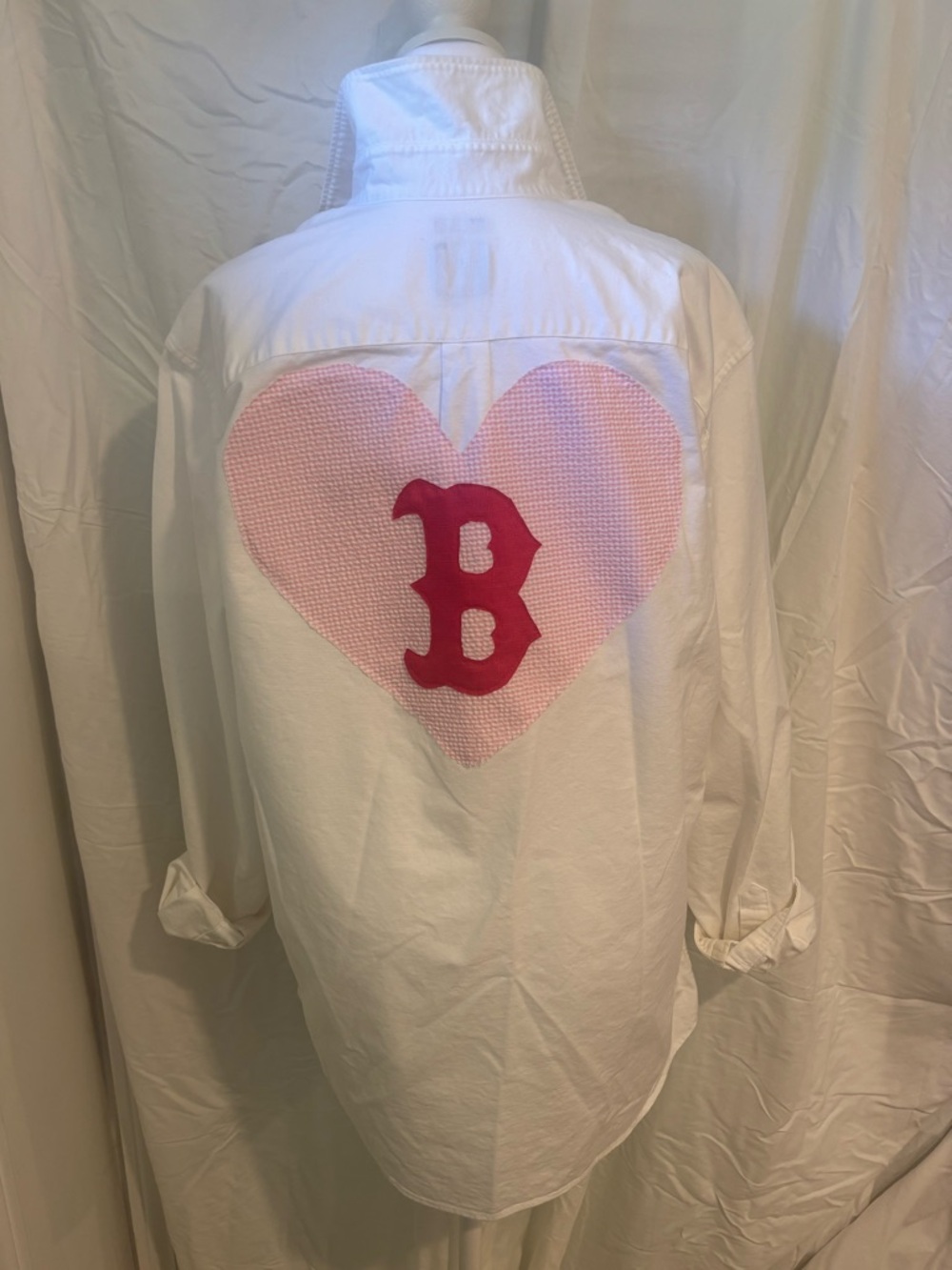 Custom White Button-Up Boston Red Sox Shirt with Pink Heart Patch and Pink 'B'